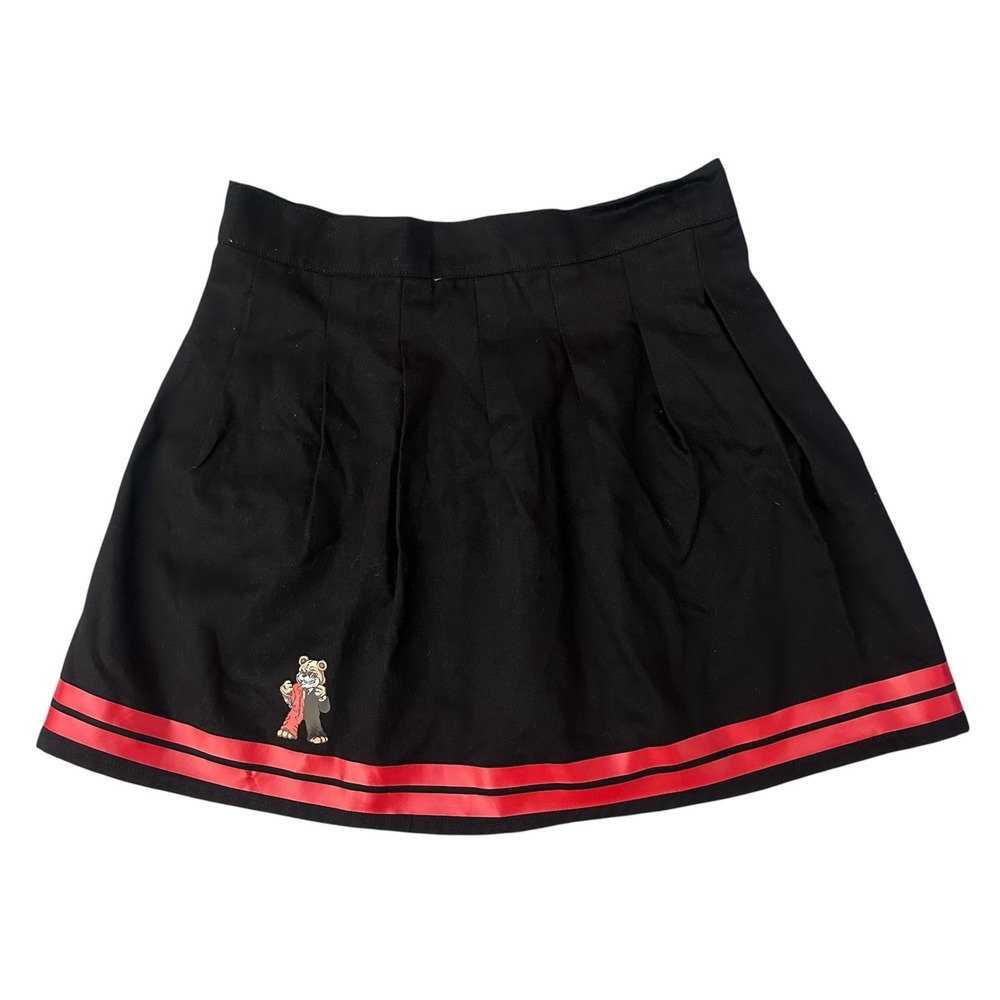 Whimsigoth Cyberpunk Pleated Mini Skirt Black Red Ribbon Trim Bear Graphic Med